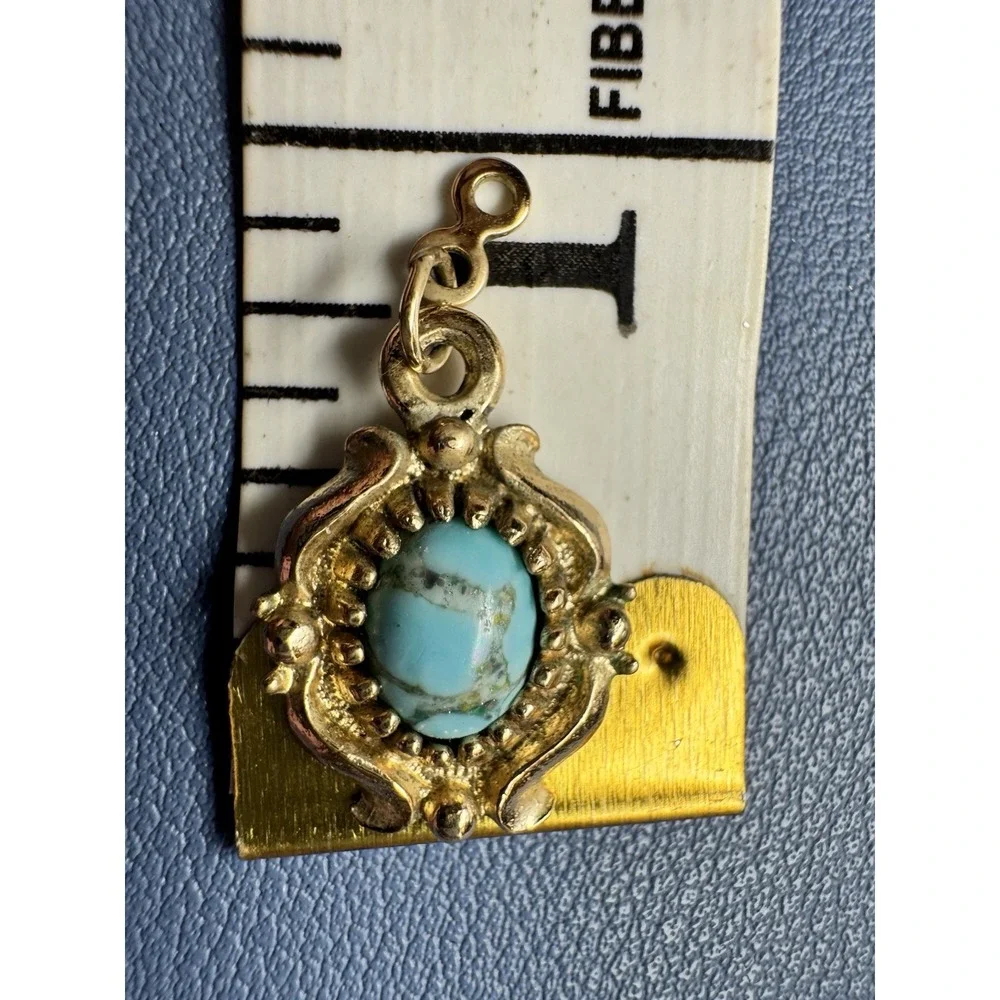 Vintage Bell Jewelry Gold Tone Turquoise Scrollwork Pendant Charm Figure 8